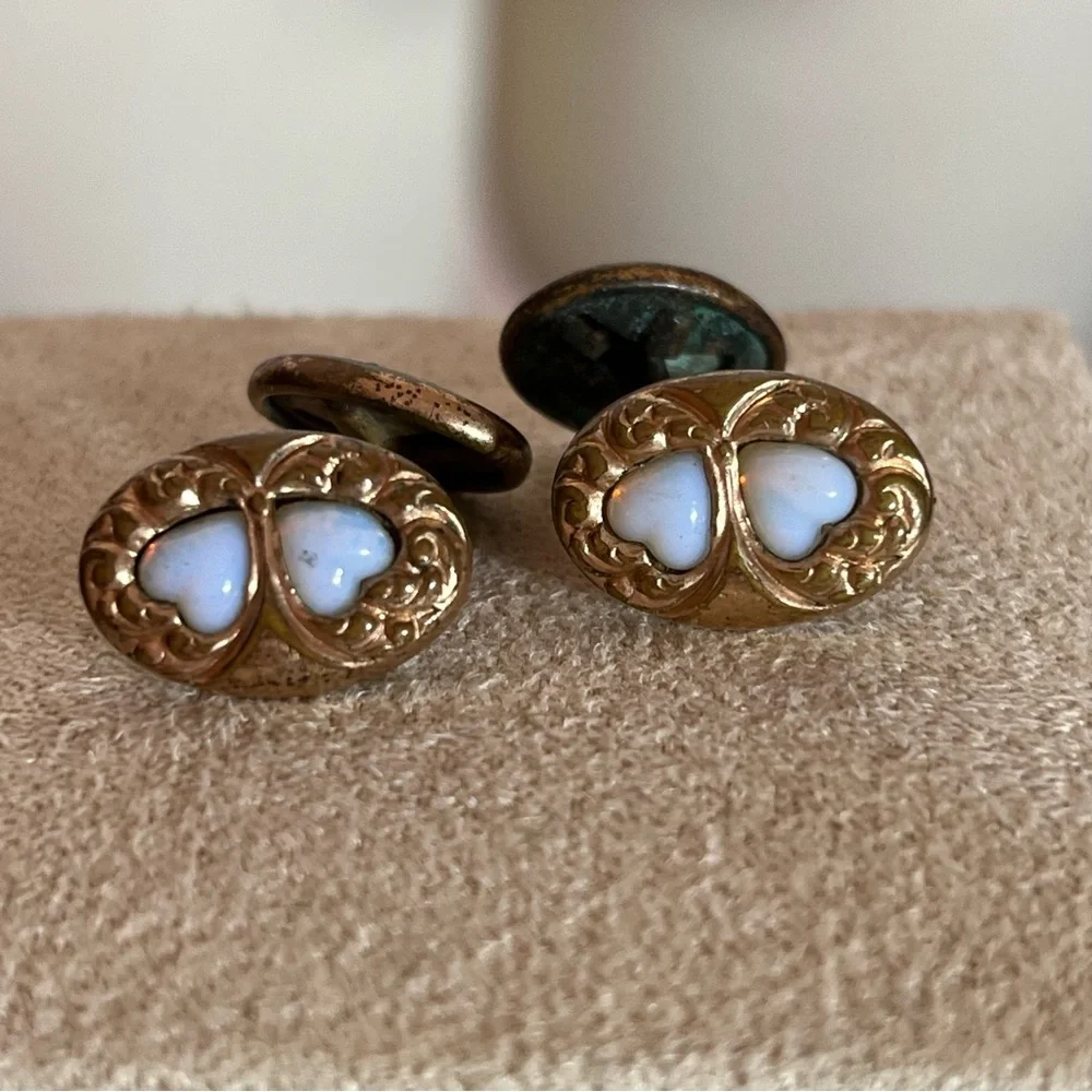 Antique Victorian Rolled Rose Gold Art deco double Opal Heart Cuff links